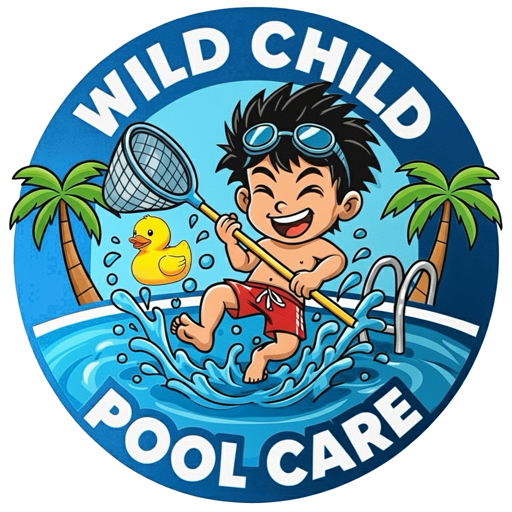 Wild Child Pool Care logo — cartoon kid with pool net and rubber duck